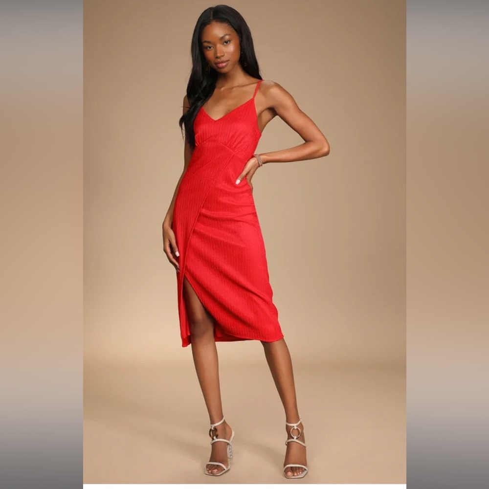 View and I Bright Red Tie-Back Faux-Wrap Midi Dress